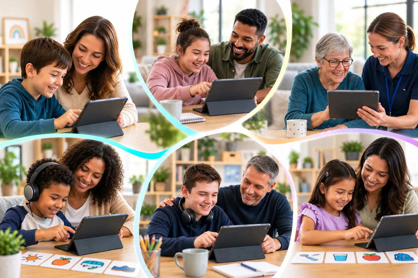 A collage of families and support workers using tablets together at home