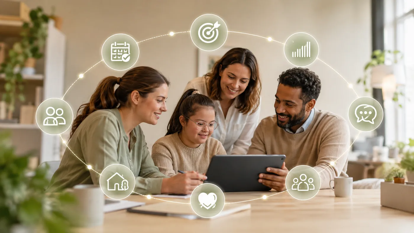 A family of three looking together at a tablet at home